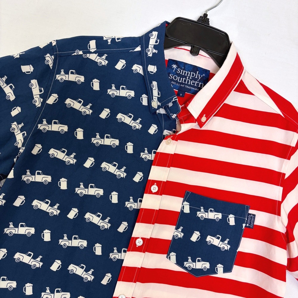 Simply Southern Mens Small Patriotic Split Truck Beer Stripe Button Down Shirt